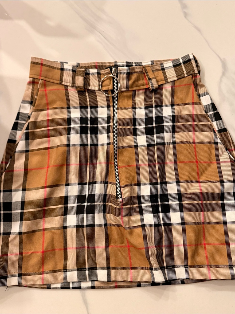 Plaid Mini Skirt with Front Zip in Tan